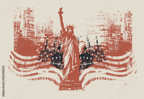 Vector banner with American Statue of Liberty on grunge texture background and USA flag on finance and money, travel theme. T-shirt design, travel poster, flyer. USA landmark illustration. No AI used