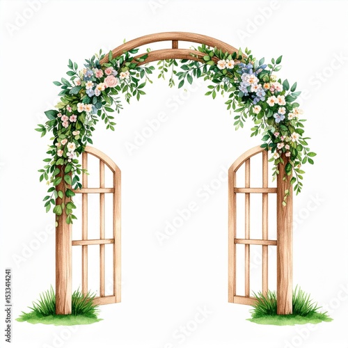 Watercolor Floral Archway with Wooden Gate
