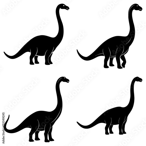 Four black dinosaur silhouettes with long necks and tails on a white background in a pattern layout