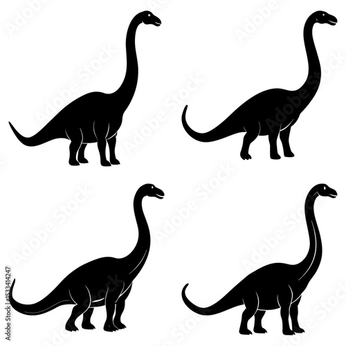 Four silhouette illustrations of brachiosaurus dinosaurs with long necks and tails on white background