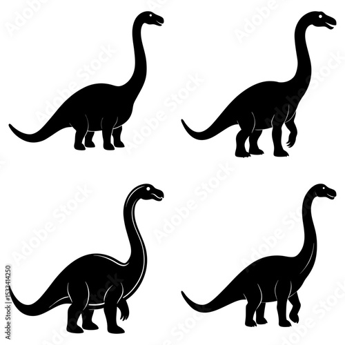 Four black silhouette illustrations of sauropod dinosaurs with long necks and tails in various poses