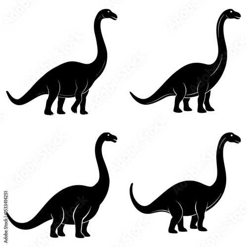 Four black silhouette illustrations of long necked dinosaurs arranged in a square formation on white background