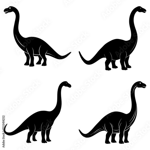 Four black silhouette illustrations of brachiosaurus dinosaurs with long necks and tails in various poses