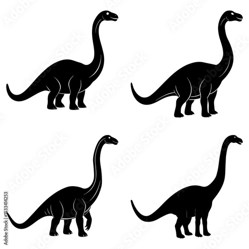 Four black silhouettes of a sauropod dinosaur with a long neck on a white background illustration