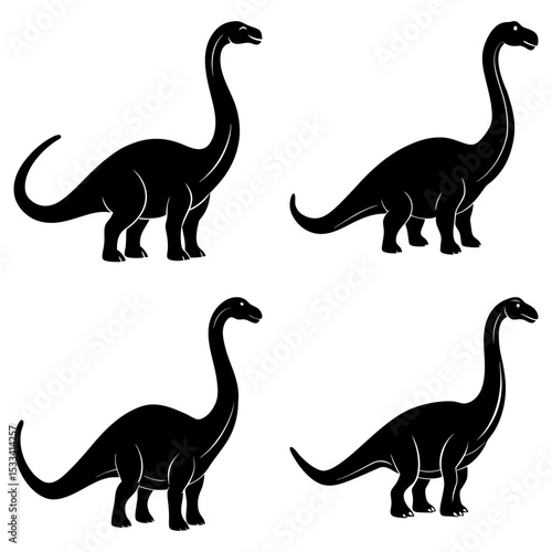 Four black silhouette illustrations of long necked dinosaurs on a white background in a square layout