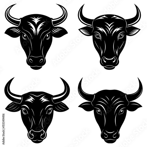 Four black bull heads with horns in various designs on a white background in a vector illustration