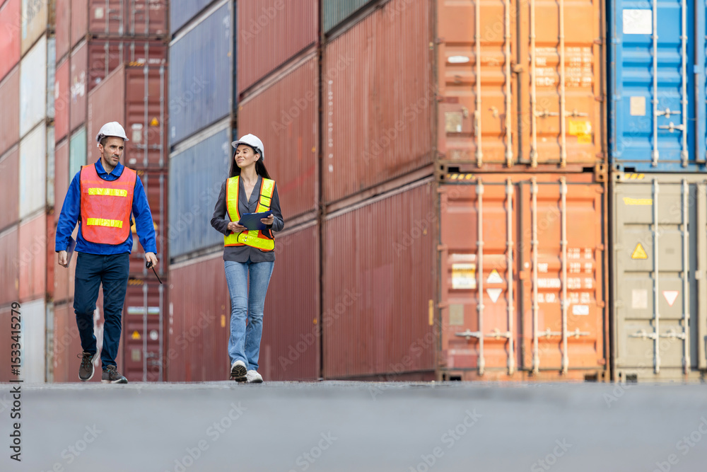 Fototapeta premium Logistics Team Inspecting Shipping Containers at Port, Industrial Workers Walking Through Cargo Terminal, Engineers at Container Yard