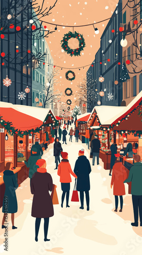 Festive Christmas Market Scene with Decorated Stalls, Christmas Market Stalls