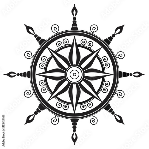 Decorative nautical helm graphic vector illustration in elegant black and white style for design elements