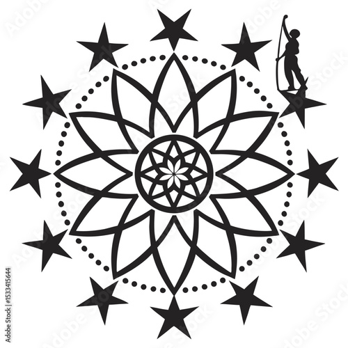 Intricate black and white floral mandala design with stars and silhouetted figure