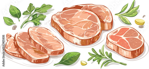 Hand-Drawn Pork Steak Sketch Collection – Vintage Butchery Meat Cuts Illustration Set