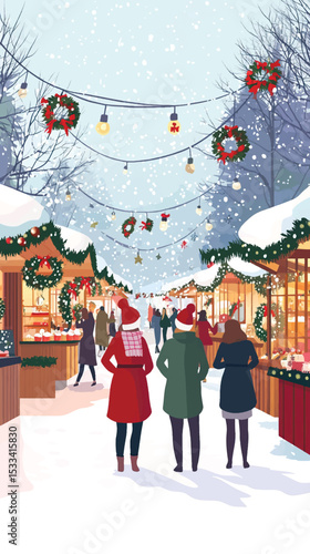 Festive Christmas Market Scene with Decorated Stalls, Christmas Market Stalls