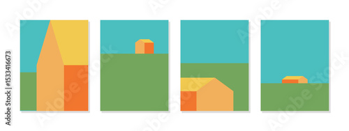 Set of four abstract geometric illustrations featuring houses, sky, and ground in a minimalist style. Perfect for modern interior design, posters, or digital projects