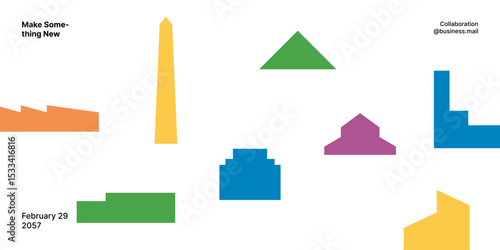 Minimalist building illustration with bold geometric shapes in vibrant colors, set against a clean white background. Ideal for banners, posters, or branding projects with a modern aesthetic.