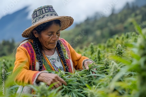 Indigenous woman harvesting cannabis plants in a lush field with traditional clothing and mountain backdrop