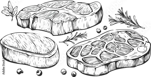 Hand-Drawn Pork Steak Sketch Collection – Vintage Butchery Meat Cuts Illustration Set