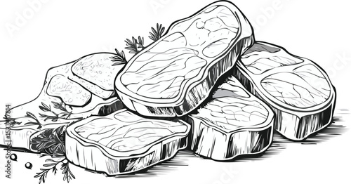 Hand-Drawn Pork Steak Sketch Collection – Vintage Butchery Meat Cuts Illustration Set