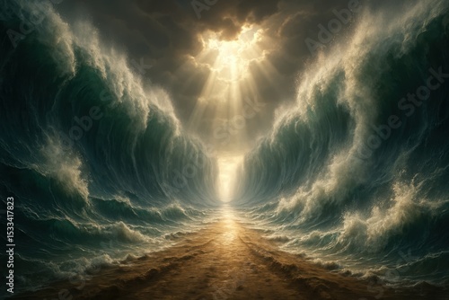 Biblical ocean opening scene depicting Moses parting the Red Sea miracle