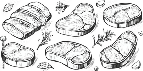 Hand-Drawn Pork Steak Sketch Collection – Vintage Butchery Meat Cuts Illustration Set