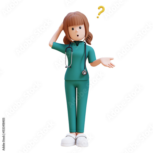 Photography 3D medical nurse doctor character in a white lab coat is standing and confuse wi