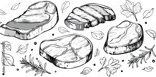 Hand-Drawn Pork Steak Sketch Collection – Vintage Butchery Meat Cuts Illustration Set