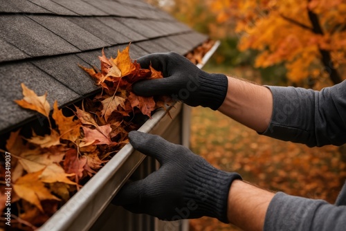 Fototapeta Naklejka Na Ścianę i Meble -  Homeowner clearing autumn leaves from rain gutters demonstrating essential fall home maintenance task