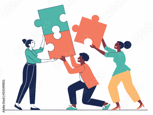 flat style Business Teamwork concept. Contemporary flat style abstract vector illustration of a group of diverse people putting together a huge puzzle details, Business Teamwork