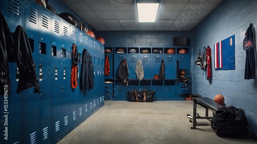 Blue locker room with sports equipment.