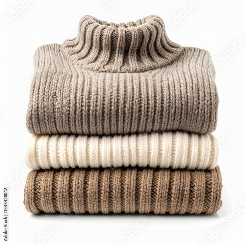 Stack of Neutral Colored Knit Sweaters on White Background