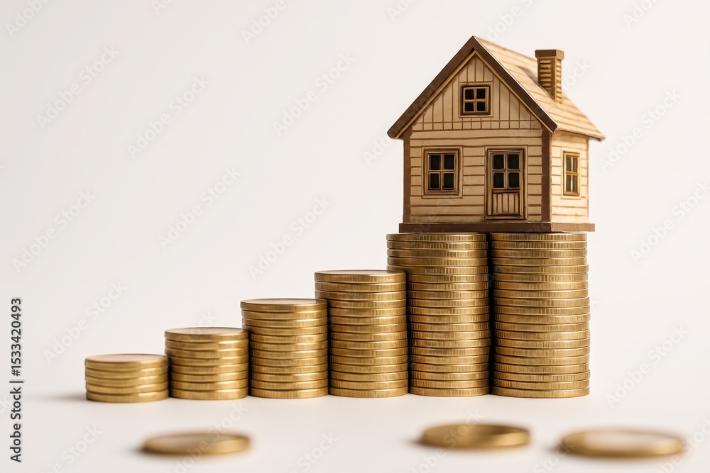 Wooden house model on growing stack of gold coins representing real estate investment growth Wooden house model on growing stack of gold coins representing real estate investment growth