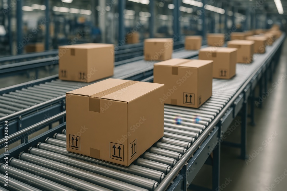 Cardboard Packages Moving on Automated Warehouse Conveyor Belt System Cardboard Packages Moving on Automated Warehouse Conveyor Belt System