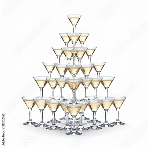 Champagne Pyramid of Glasses on White Background
