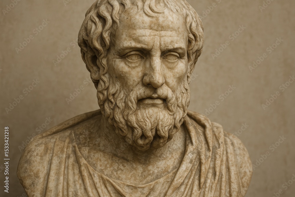Obraz premium Classical marble bust of ancient Greek philosopher with weathered patina and timeless scholarly expression