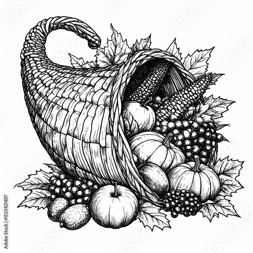 Black And White Cornucopia Illustration With Fruits
