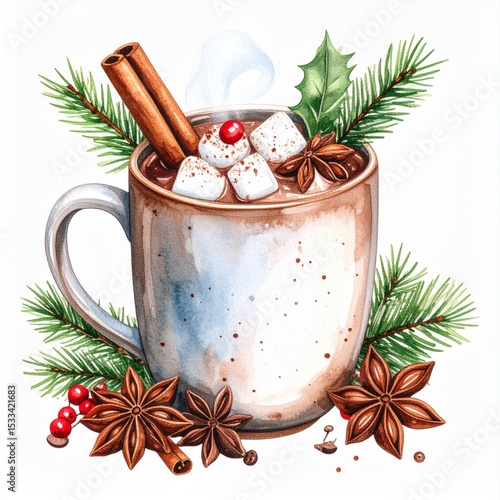 Warm Watercolor Hot Chocolate with Marshmallows and Spices