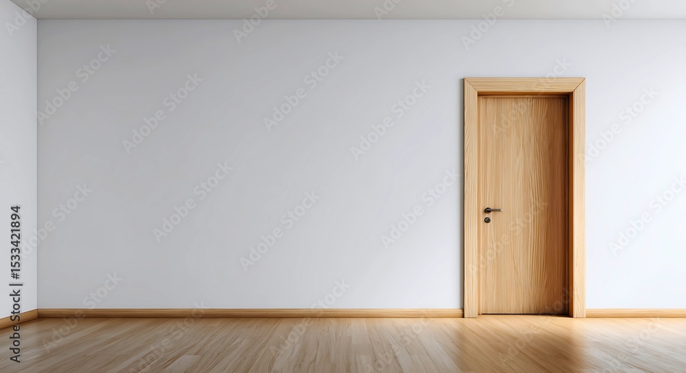 Minimalist interior mockup of an empty room with white walls and a natural wooden door, perfect for design presentations