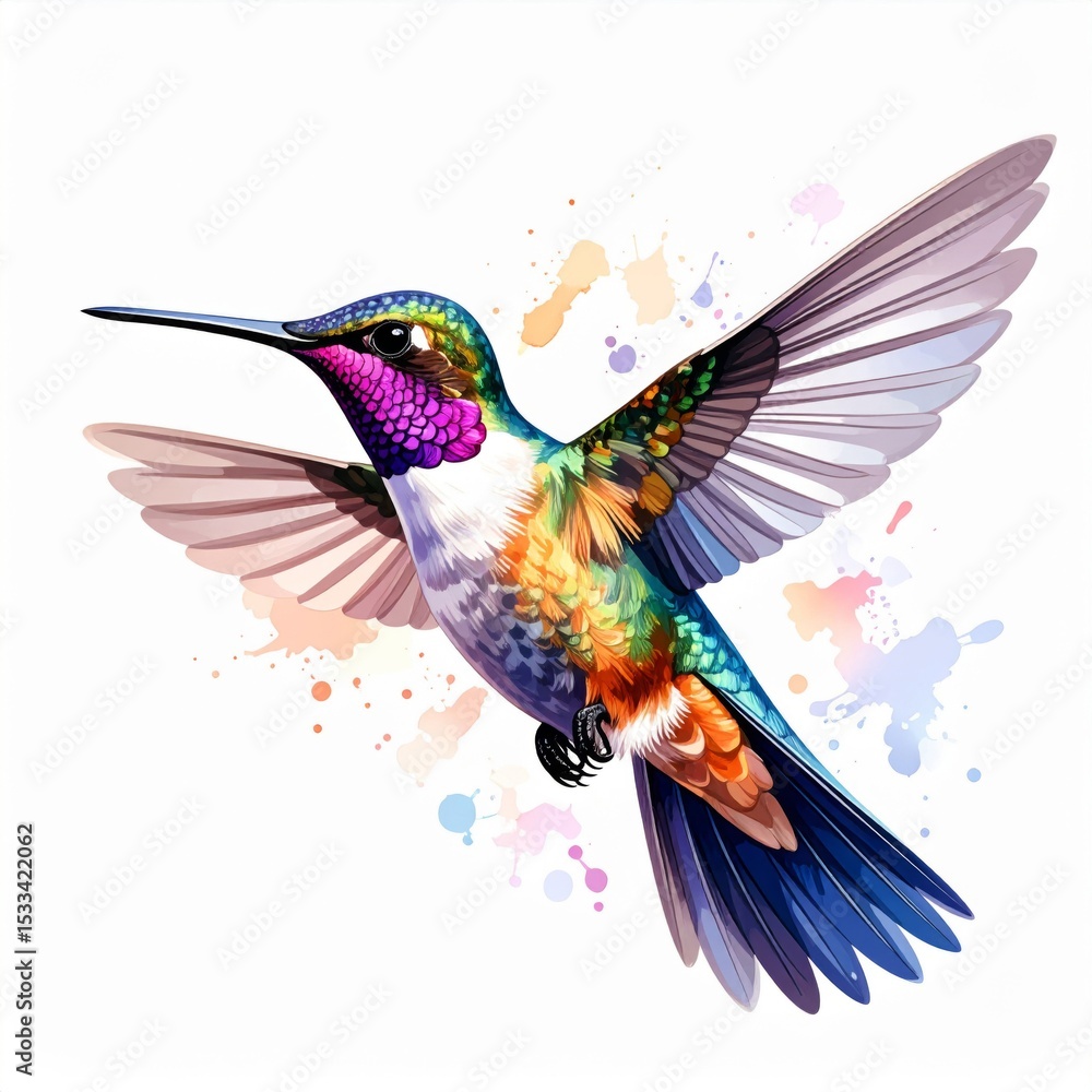 Obraz premium Vibrant Hummingbird in Flight Watercolor Painting