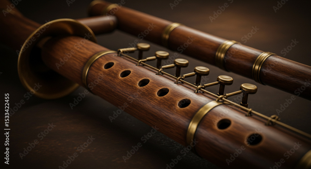 Naklejka premium Close up of two wooden flutes with brass accents and finger holes against a dark brown background