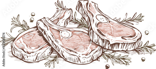 Hand-Drawn Lamb Steak Sketch Collection – Vintage Meat Cuts Illustration for Butchery and Culinary Design