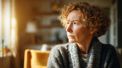 Aging woman with confused expression sitting alone in a sunlit room, empty ch...