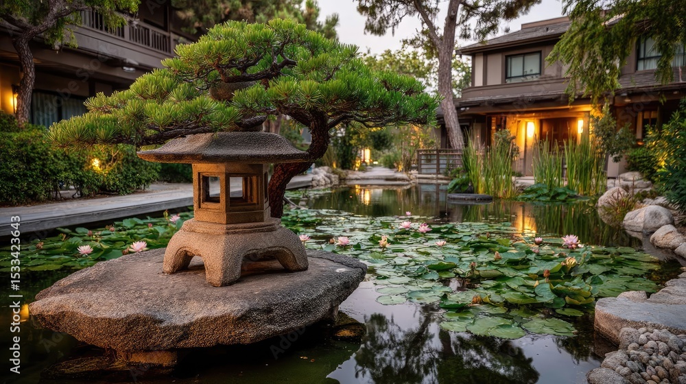 Fototapeta premium Bonsai tree for meditation with lotus and rock concept. Tranquil pond with lotus flowers and a decorative lantern.