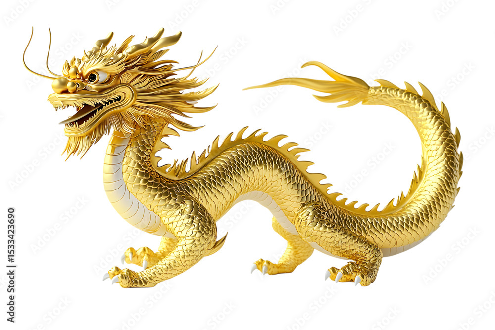 Obraz premium Chinese golden dragon isolated on white with clipping path.Golden traditional chinese dragon isolated on white background. Ai Generated Images