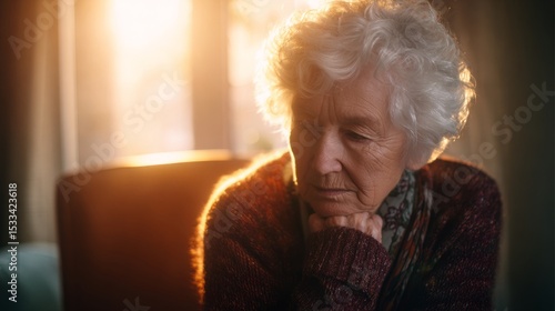 Aging woman with confused expression sitting alone in a sunlit room, empty ch...