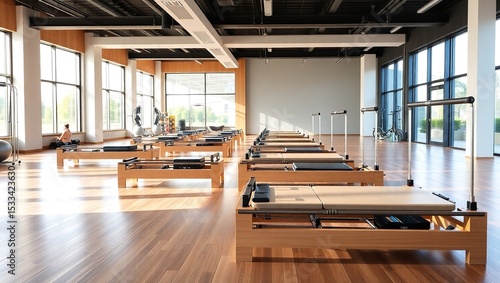 Bright interior of gym with contemporary pilates reformers placed in spacious facility for workouts.