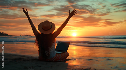 female freelancer in straw hat working on laptop, cellebrating success while sitting on the tropical sandy beach at sunset, Generative ai