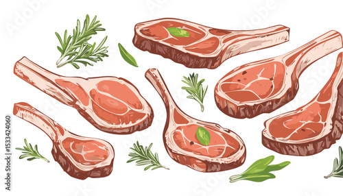 Hand-Drawn Lamb Steak Sketch Collection – Vintage Meat Cuts Illustration for Butchery and Culinary Design