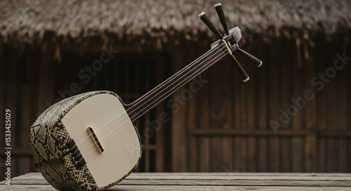 Close up of a shamisen on a wooden surface with a blurred building in the background outdoors