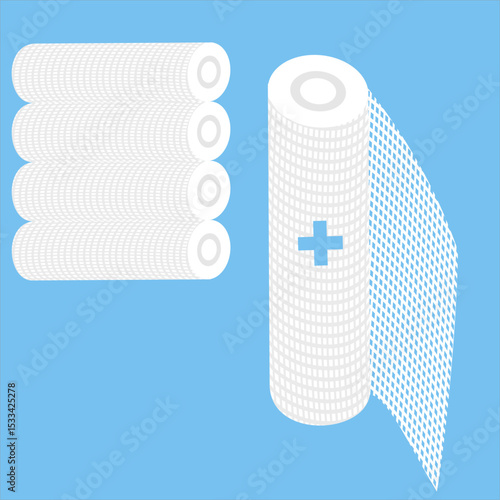 Sterile gauze rolls, available in rolls,
used for wounds and doctor care,
first aid medical equipment included,
wound dressing, flat design style.