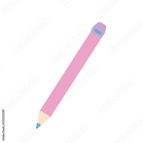 Pink pastel pencil with purple eraser tip in flat cartoon style. Suitable for art materials, educational visuals, or school stationery kits.