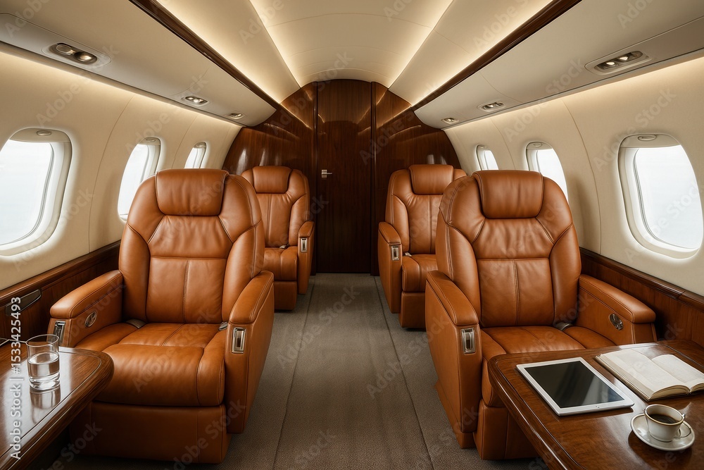 Fototapeta premium Luxurious Private Jet Interior with Premium Leather Seating and Contemporary Aviation Design Elements